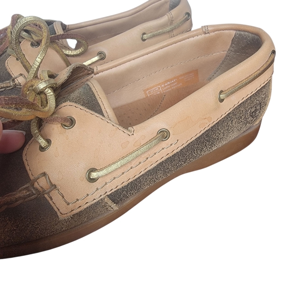 Ariat Distressed Brown and Tan Two Tone Slip On Leather Suede Boat Shoes - Picture 5 of 9